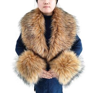 7622 Faux Fur Collar Cuffs Set Warm Fake Scarf Winter Women